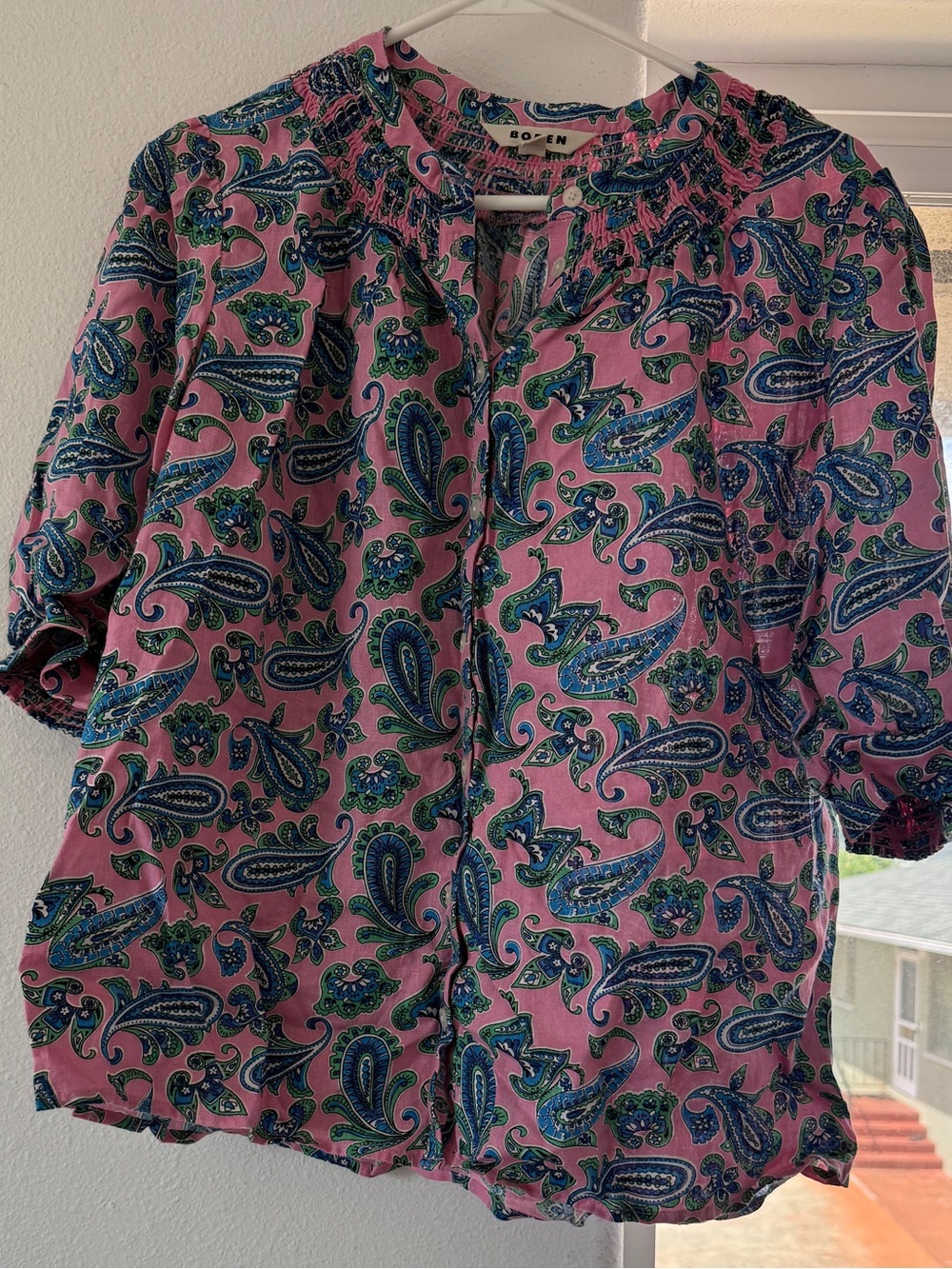 Boden Pink Paisley Button-Front Split-Neck Blouse
